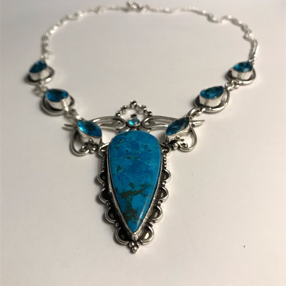Turquoise Blue Topaz Stamped Solid 925 Sterling Silver Necklace